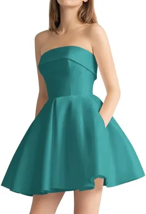 Leeskoot Satin Homecoming Dresses for Teens 2025 Strapless Short Prom Dress A Line Formal Cocktail Evening Gown with Pockets