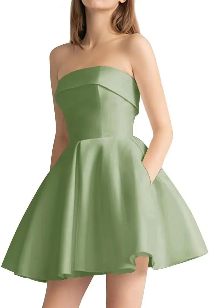 Leeskoot Satin Homecoming Dresses for Teens 2025 Strapless Short Prom Dress A Line Formal Cocktail Evening Gown with Pockets