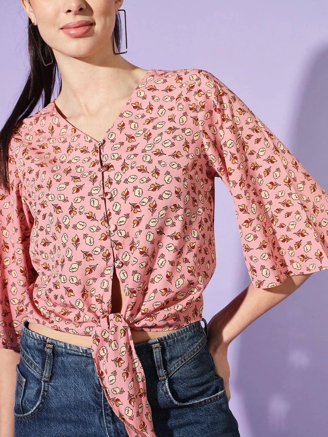Women Peach V-Neck Flared Sleeves Floral Print Crepe Wrap Top