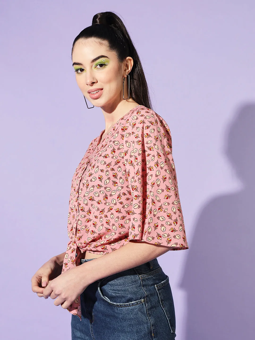 Women Peach V-Neck Flared Sleeves Floral Print Crepe Wrap Top